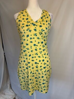 Yellow Floral V-Neck Mini Dress with Blue Floral  Print, Double Strand Tie Back
